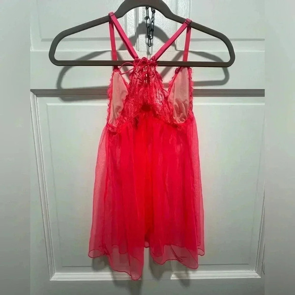 Victoria’s Secret Hot Pink Sheer Mesh Babydoll Nighty Slip Dress Tulle Size M - Picture 2 of 3